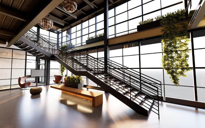 A modern industrial loft interior featuring a prominent black metal staircase with a glass panel, large grid-patterned windows, a light wood bench, and hanging green plants. Northlight theatre.